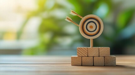Customer relationship management concept: Wooden block stacked with target icon and arrow up aiming to target for customer service and data exchange development.
