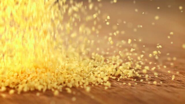 Wheat groats fall on the table. Filmed on a high-speed camera at 1000 fps. High quality FullHD footage