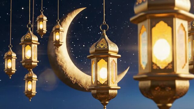 Golden lanterns glow against the crescent moon in a festive Ramadan celebration video