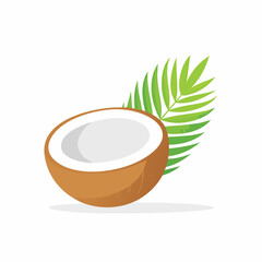 Freshly Cut Coconut with Green Palm Leaf Illustration