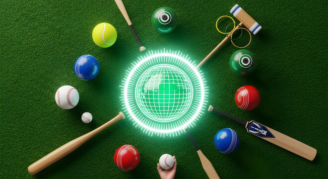 Sports equipment arranged around a glowing digital core