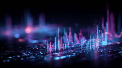 A digital analytics landscape with rising bar charts and flowing line trends across circuitry, representing market analysis predictive insights and data driven decision making for business performance