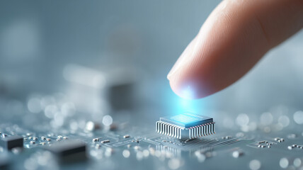 Finger activating a microchip illustrating human machine interaction and precise control across modern electronics
