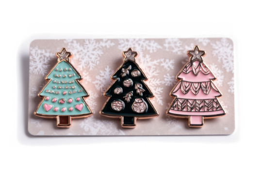 Three Christmas tree pins festive and decorative perfect for holiday accessories and gifts