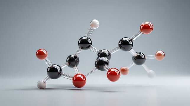 A 3D rendering depicts a caffeine molecule against a gray backdrop. The image isolates the molecular structure of caffeine, showcasing it in a three-dimensional format.
 