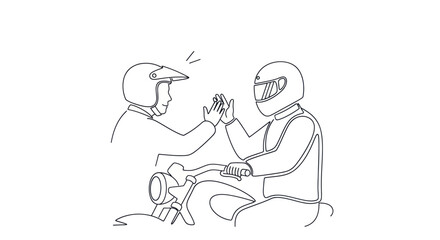 Two Motorcyclists High-Fiving in Line Art Illustration.