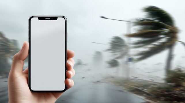 A smartphone held during severe weather illustrates emergency alerts and real time communication for disaster preparedness public safety and resilience.
