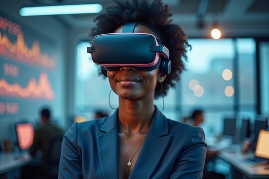 African American Office Auditor Utilizing Virtual Reality Headset for Financial Analysis