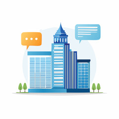 Modern Blue Skyscraper Building with Speech Bubbles