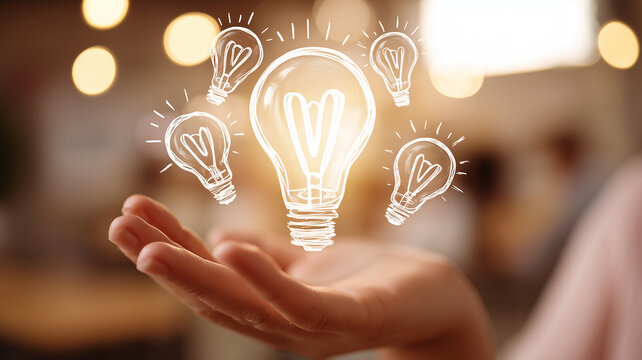 Hand presenting glowing light bulbs as idea generation symbolizing innovation creativity brainstorming and collaborative inspiration for new solutions.
