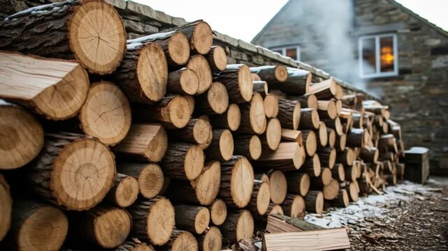 Stacked firewood against stone wall in winter  Snow-covered logs