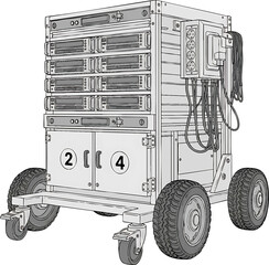 Mobile Rack Unit with Wheels and Electrical Components.