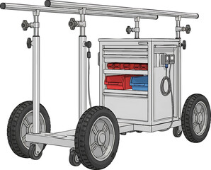 Mobile Tool Cart with Adjustable Racks and Storage Drawers.