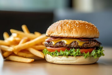 Juicy hamburger with melted cheese, fresh lettuce, and tomatoes served with crispy fries on a wooden table