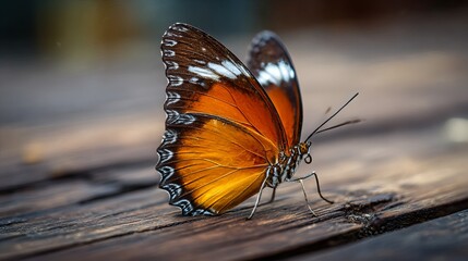 Obraz premium A butterfly with striking orange wings rests on wood, captured with a shallow depth of field. The focus is drawn to the intricate details of the butterfly. 