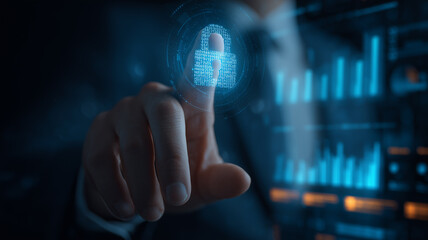 Hand activating a digital lock to convey secure access authentication data protection and risk management.
