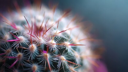 Obraz premium A close-up highlights the intricate details of a mammillaria cactus with a blurred background, emphasizing its texture and form. 