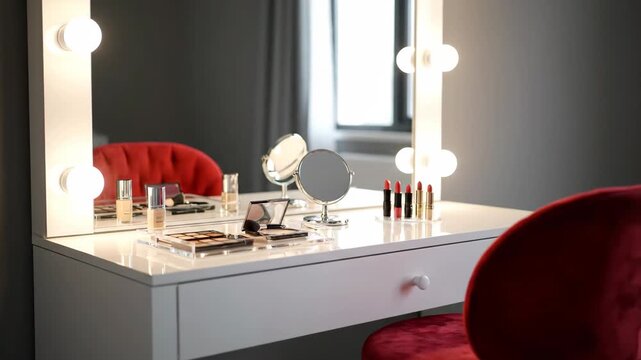 Illuminated Vanity Table with Makeup - A white vanity table is set up with various makeup products, including eyeshadow palettes, foundation, and lipsticks.