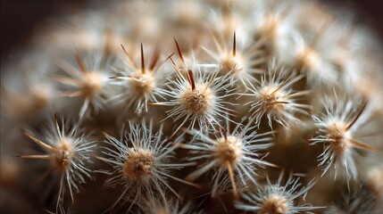 Obraz premium A close-up highlights the intricate details of a mammillaria cactus with a blurred background, emphasizing its texture and form. 