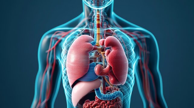 Human Anatomy Torso Organs and Vascular System on Blue, Medicine, Healthcare