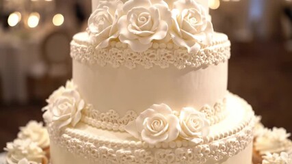 Elegant Three-Tier Wedding Cake - A close-up shot of a sophisticated three-tier wedding cake. The cake is decorated with white roses and lace-like detailing, suggesting a traditional and romantic