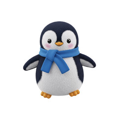 Cute fluffy penguin with blue scarf. 3D design element. Transparent background.