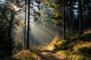 Obraz premium Morning light filters through trees along a peaceful forest path
