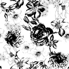 White And Black Flat Floral Pattern Design Minimal 2 Color - Allover Ready To Print For Fabric And Repeat Design Wallpapers