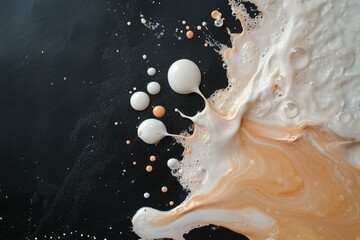 Colorful liquid splashes create an abstract pattern on a dark surface, showcasing the beauty of fluid movement and different hues blending together