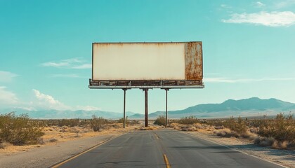 Blank billboard on a desert highway with mountains in the background