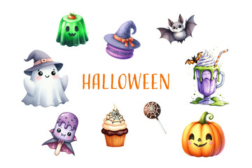 Fototapeta premium Colorful Halloween elements including ghosts, bats, and festive treats create a cheerful atmosphere perfect for a seasonal celebration or party.