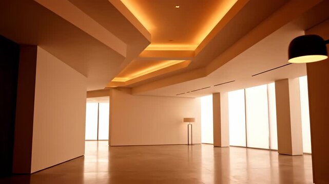Modern Architecture with Ambient Lighting - An empty modern interior features a geometric ceiling with indirect lighting and a polished floor.
