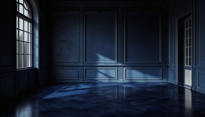 Dark blue room interior with classic wall paneling, arched window, and shiny floor
