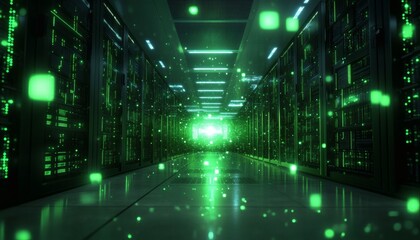 A futuristic server room with green lights and data streams