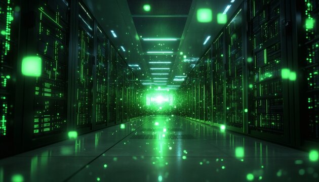 A futuristic server room with green lights and data streams