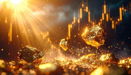 Golden nuggets reflecting sunlight and market graphs representing value, wealth, and investment trends in the global gold industry and financial markets