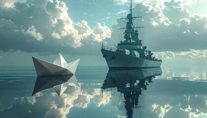 Fototapeta premium Paper boat facing a large warship on calm ocean under cloudy sky symbolizing courage, dreams, innovation and contrast between simplicity and power in modern world