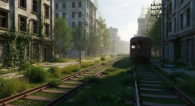 A sun-drenched, overgrown street lined with crumbling buildings, showcasing a deserted train on a deserted railway track.