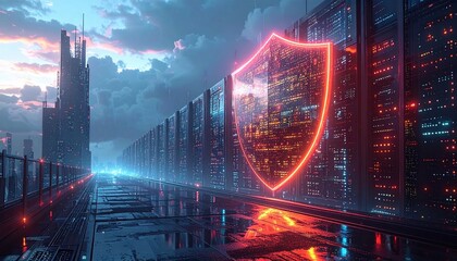 Cyber shield glowing in neon light protecting futuristic server cityscape symbolizing data protection cybersecurity and digital defense in modern connected technological world