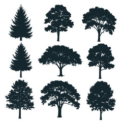 Fototapeta premium Diverse collection of tree silhouettes in various shapes and sizes.