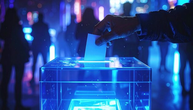 A hand placing a ballot in a glowing transparent box, illustrating the concept of digital democracy, voting security, and participation in futuristic or online election systems