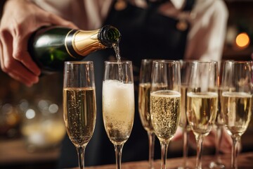 A bartender pours sparkling champagne into a glass flute as guests celebrate at a festive gathering. The atmosphere is vibrant with warm lighting