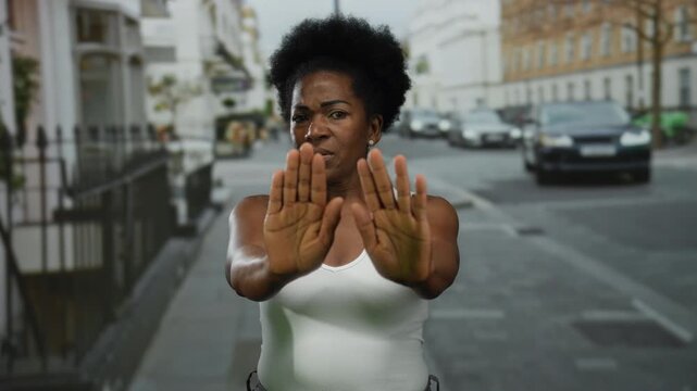 Young woman on city street holding hands up in stop gesture, conveying concept of rejection or self-defense in urban environment.