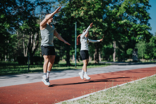 A diverse duo is seen exercising energetically in a beautiful outdoor environment, emphasizing physical fitness and vitality.