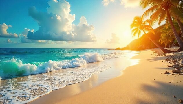Tranquil Beach Scene Golden Sunlight Bathes Pristine Shore, Gentle Waves Lap, Perfect Summer Vacation Escape - Powered by Adobe