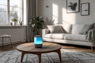 Fototapeta premium Illuminated diffuser on a round wooden table in a bright living room with white sofa and artwork