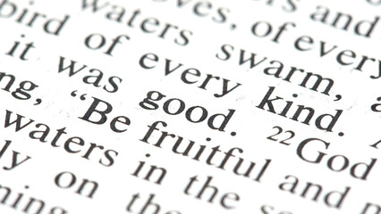 Bible text macro with the words “be fruitful … good” in focus, scripture verse detail from...