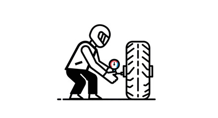 Rider checking tire pressure with a gauge before a race.