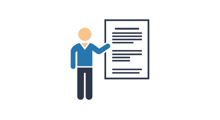 Person in blue shirt pointing to a document with text.