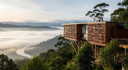 A modern wooden lodge, perched high above a valley, is nestled amongst a lush forest, overlooking a winding river shrouded in morning mist.